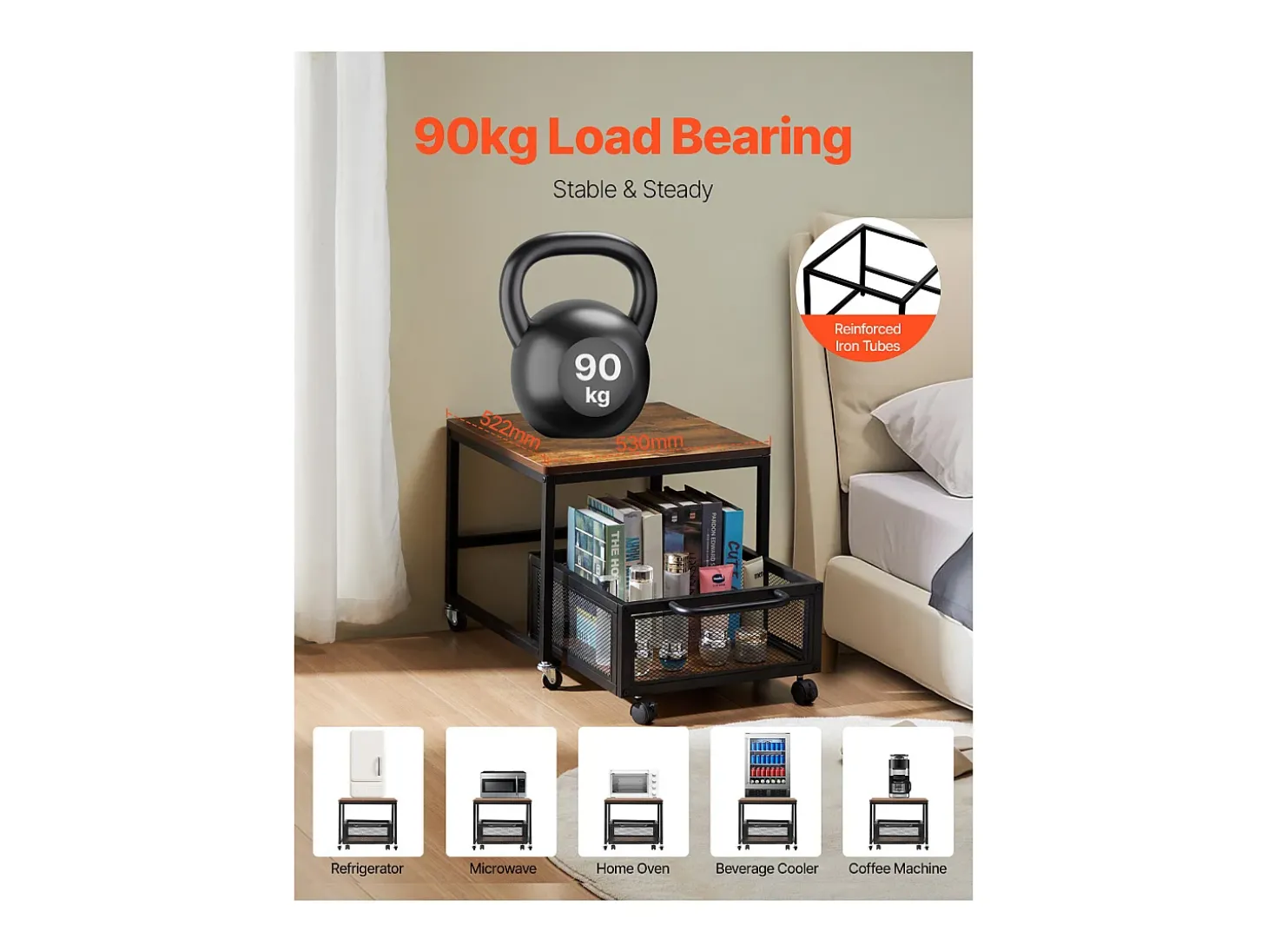 Suporte para Mini-Frigorífico SucceBuy, com Arrumação, Capacidade de 90 kg, Carrinho e Rodas Giratórias, Castanho Claro