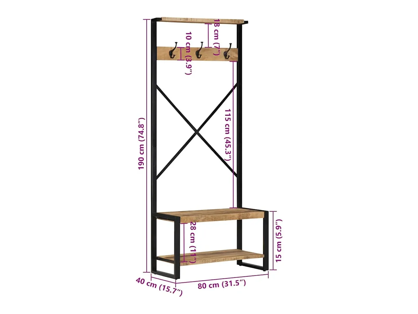 Suporte para roupas 80x40x190cm madeira mangueira maciça áspera