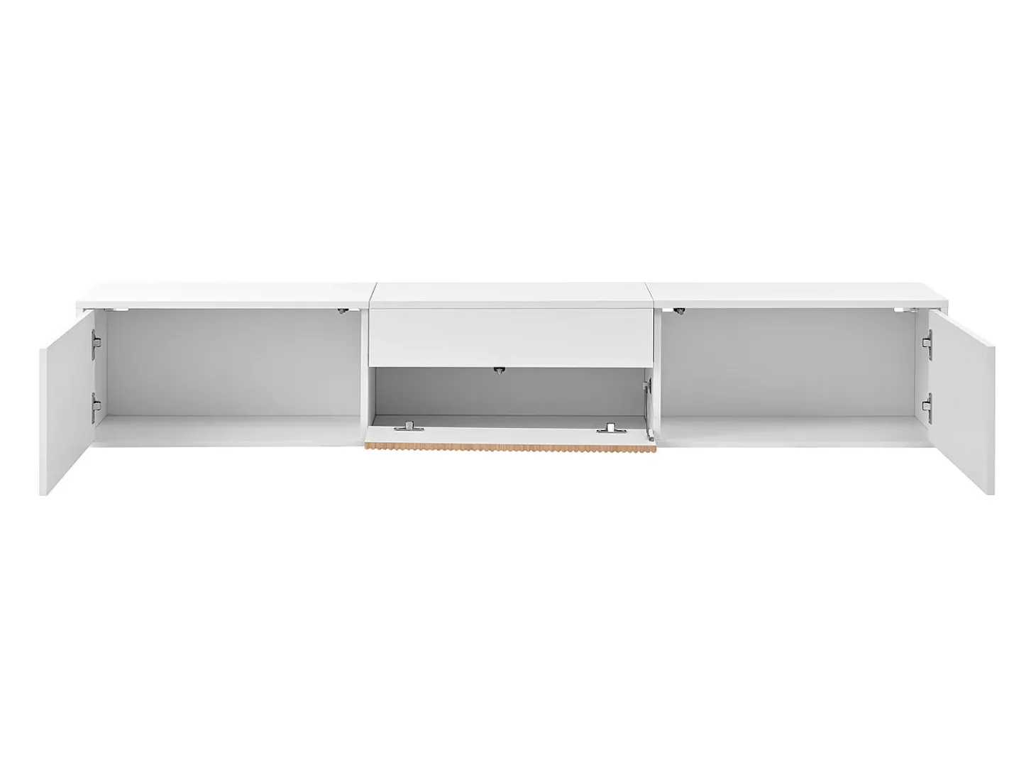 Suporte para TV 180 x 34 x 30 cm com prateleira para projetor e 3 portas - Branco e madeira