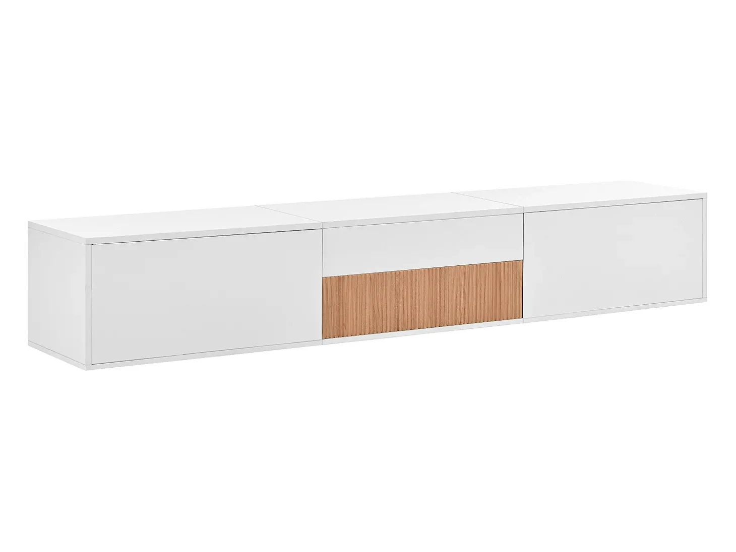 Suporte para TV 180 x 34 x 30 cm com prateleira para projetor e 3 portas - Branco e madeira