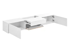 Suporte para TV 180 x 34 x 30 cm com prateleira para projetor e 3 portas - Branco e madeira