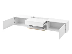 Suporte para TV 180 x 34 x 30 cm com prateleira para projetor e 3 portas - Branco e madeira
