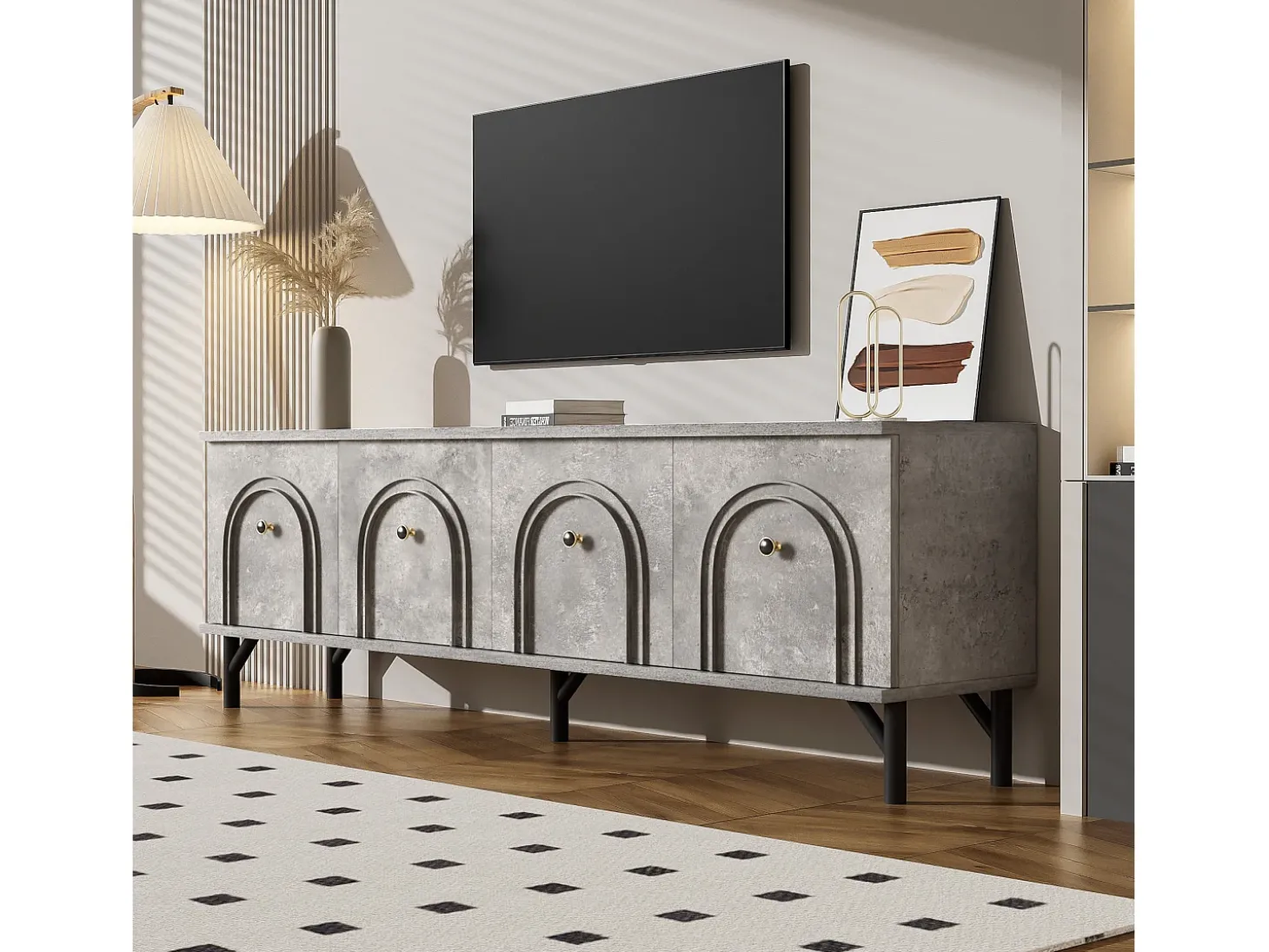 Suporte para TV cinzento com 4 portas arqueadas - Suporte para TV moderno - Pernas pretas - para sala de estar e escritório