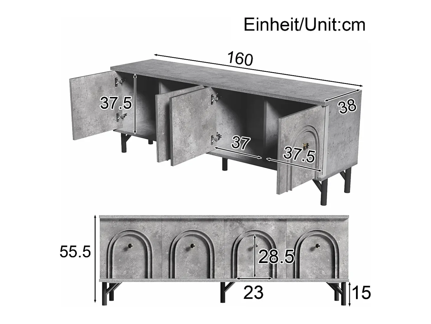 Suporte para TV cinzento com 4 portas arqueadas - Suporte para TV moderno - Pernas pretas - para sala de estar e escritório