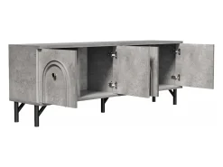 Suporte para TV cinzento com 4 portas arqueadas - Suporte para TV moderno - Pernas pretas - para sala de estar e escritório