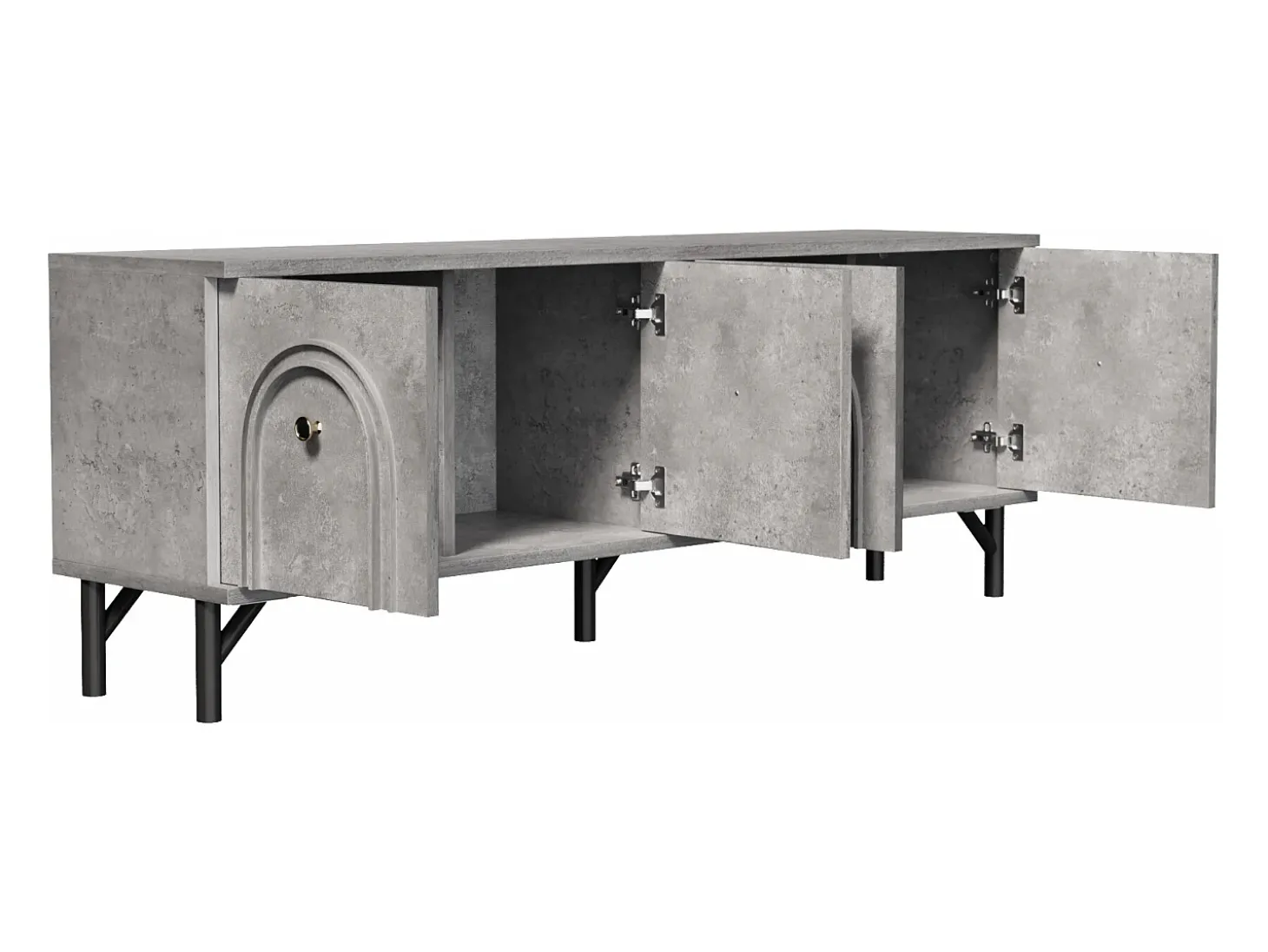 Suporte para TV cinzento com 4 portas arqueadas - Suporte para TV moderno - Pernas pretas - para sala de estar e escritório