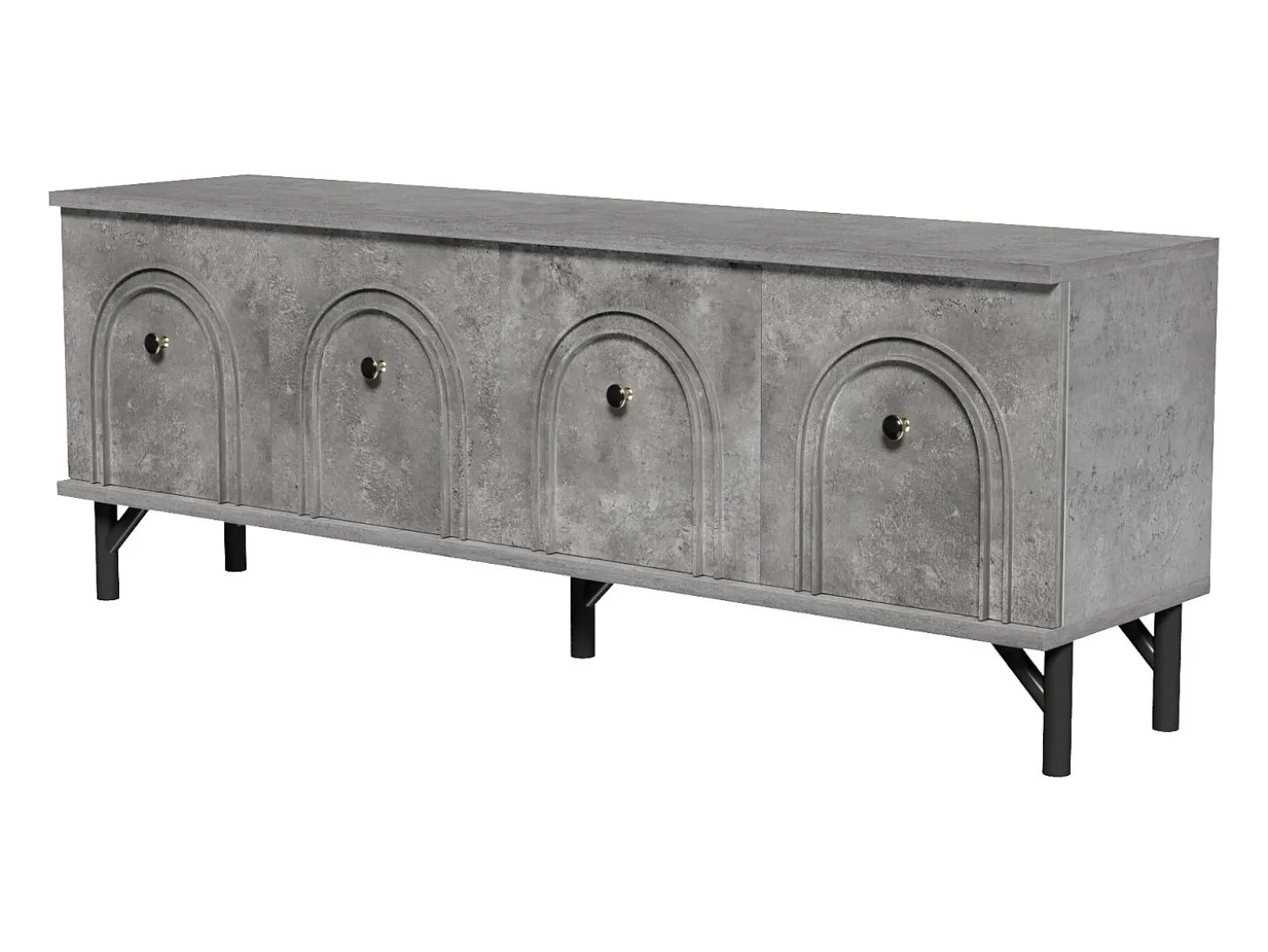 Suporte para TV cinzento com 4 portas arqueadas - Suporte para TV moderno - Pernas pretas - para sala de estar e escritório