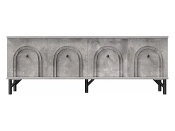 Suporte para TV cinzento com 4 portas arqueadas - Suporte para TV moderno - Pernas pretas - para sala de estar e escritório
