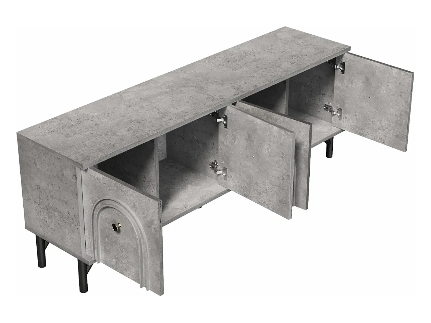 Suporte para TV cinzento com 4 portas arqueadas - Suporte para TV moderno - Pernas pretas - para sala de estar e escritório