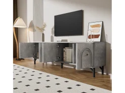 Suporte para TV cinzento com 4 portas arqueadas - Suporte para TV moderno - Pernas pretas - para sala de estar e escritório