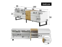 Suporte para TV com 2 gavetas e 2 portas - pés em metal - cor branco e madeira
