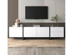 Suporte para TV com 2 gavetas e 3 portas - Branco brilhante e preto