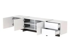 Suporte para TV com 2 gavetas e 3 portas - Branco brilhante e preto