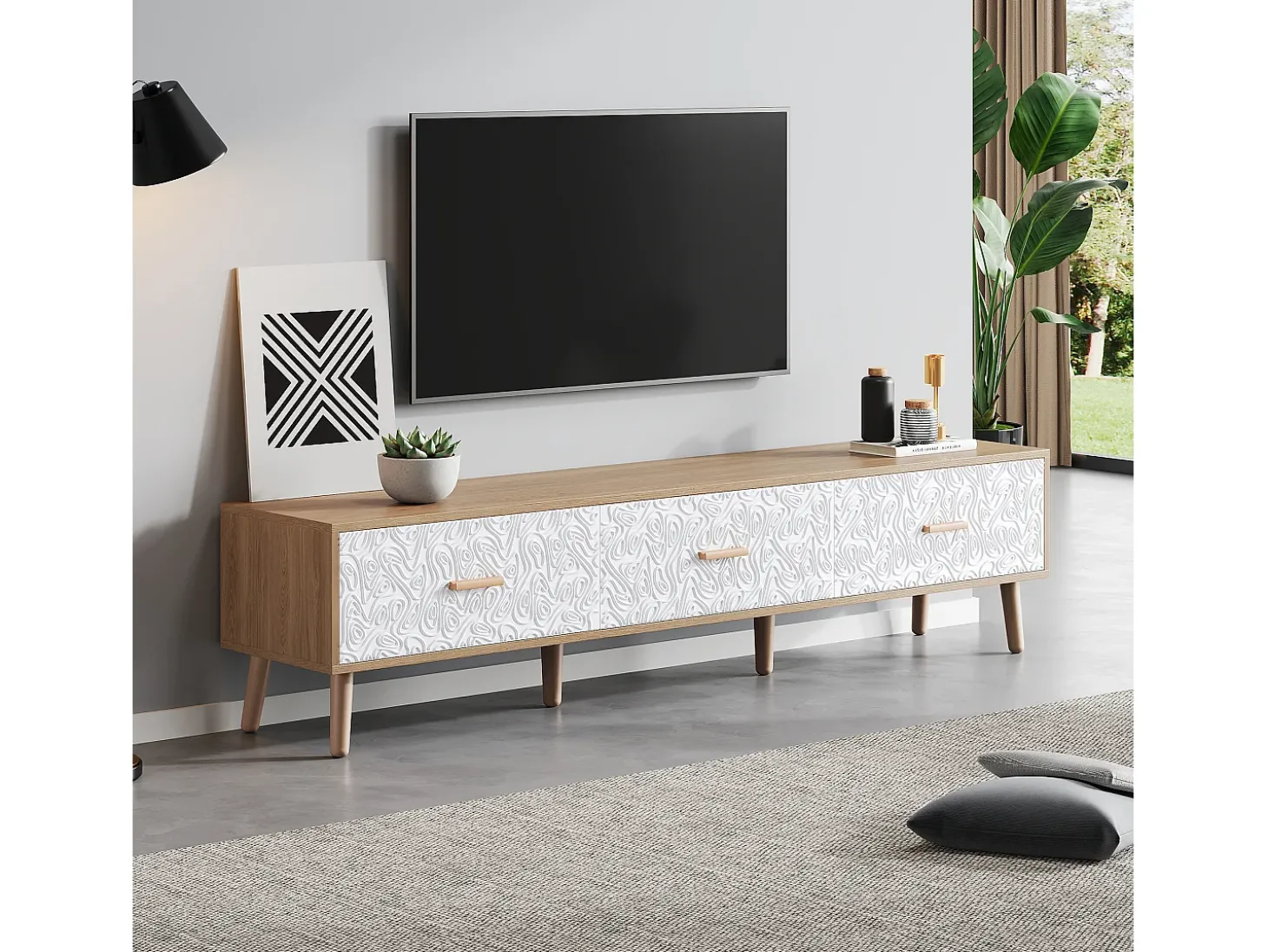 Suporte para TV com 3 gavetas - Painel da porta texturado branco - Cor natural 150x35x39cm
