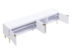 Suporte para TV com 4 portas texturadas e pés dourados - Madeira - Branco