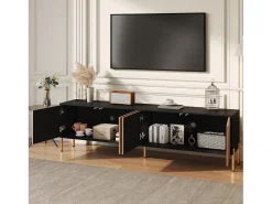 Suporte para TV com 4 portas texturadas - Design bicolor em preto e madeira