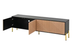 Suporte para TV com 4 portas texturadas - Design bicolor em preto e madeira
