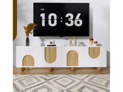 Suporte para TV com 4 portas - 175 x 38 x 50 cm - design exclusivo - aparência de madeira envelhecida - MDF - branco + natural