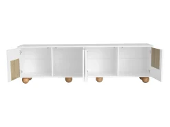 Suporte para TV com 4 portas - Pés redondos em madeira - Acabamento em madeira vintage - Branco