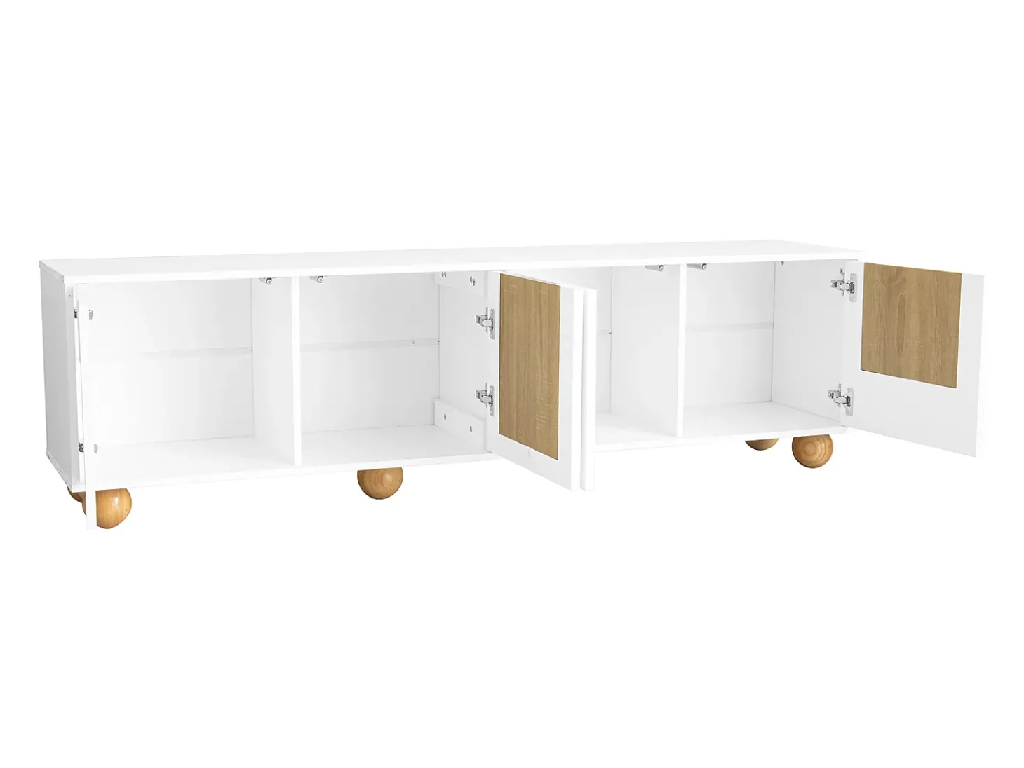 Suporte para TV com 4 portas - Pés redondos em madeira - Acabamento em madeira vintage - Branco