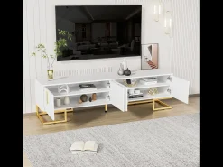 Suporte para TV com 4 portas, pés dourados - Porta texturada - Branco