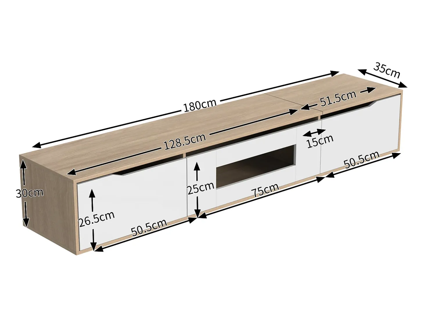 Suporte para TV com 3 portas e iluminação LED - Branco brilhante e natural