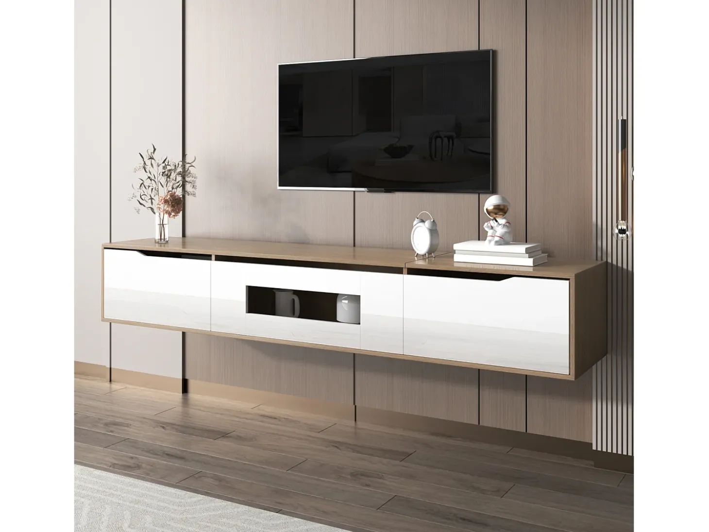 Suporte para TV com 3 portas e iluminação LED - Branco brilhante e natural