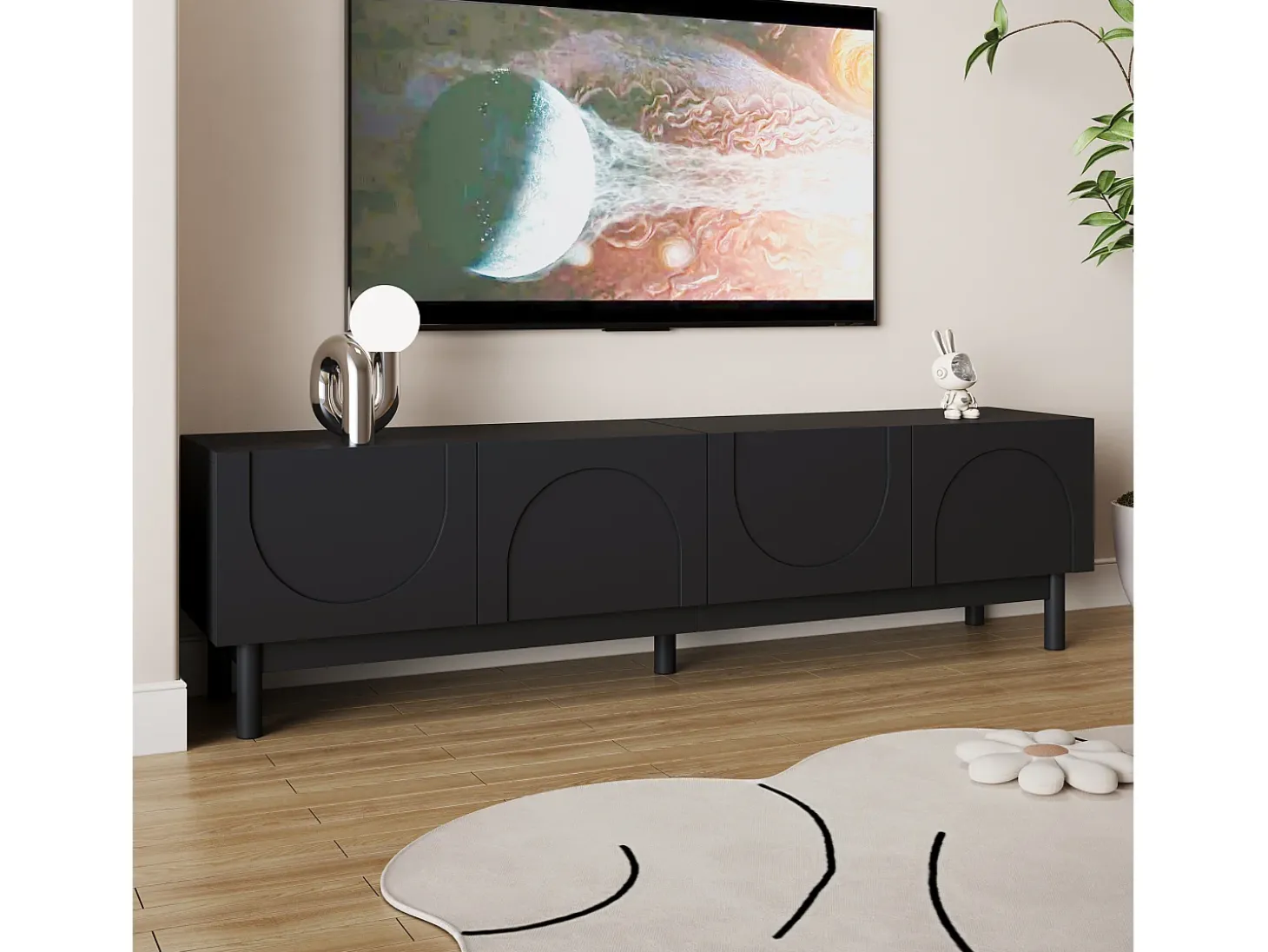 Suporte para TV com 4 portas curvas em formato de onda - Preto