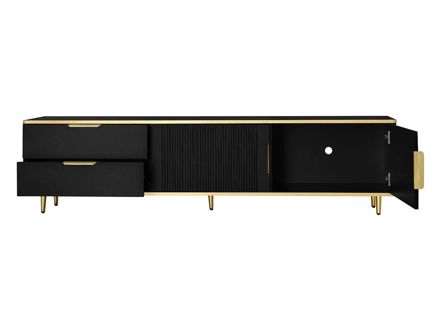 Suporte para TV com 2 portas e 2 gavetas - puxadores e pés dourados - Preto