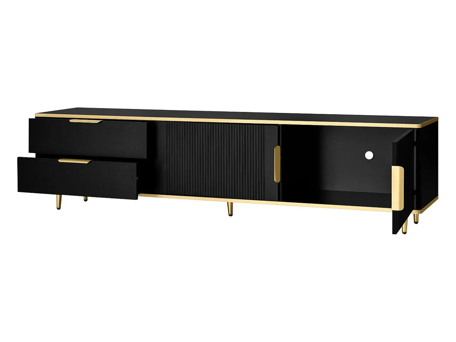 Suporte para TV com 2 portas e 2 gavetas - puxadores e pés dourados - Preto