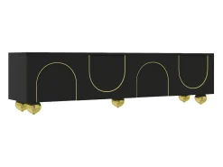 Suporte para TV com 4 portas texturadas e pés redondos dourados - Madeira PB - Preto