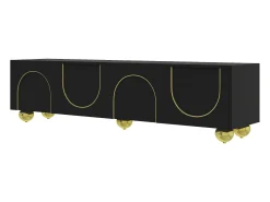 Suporte para TV com 4 portas texturadas e pés redondos dourados - Madeira PB - Preto