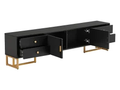 Suporte para TV com 2 portas e 4 gavetas - Pés em metal dourado - Preto