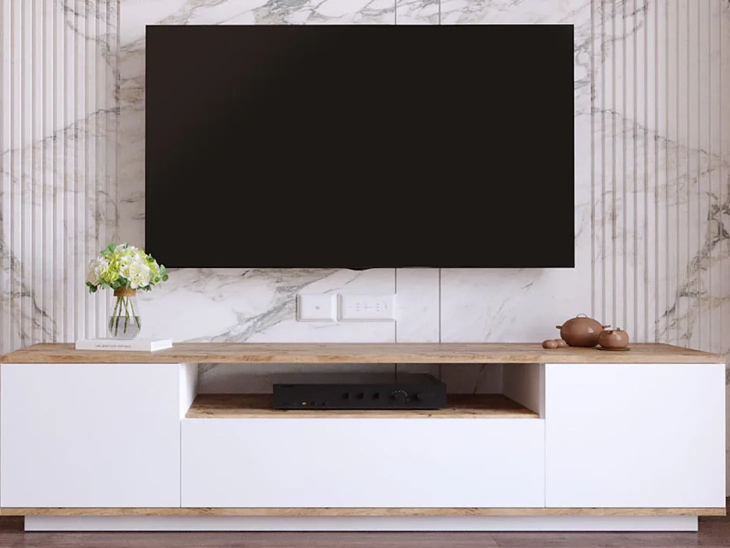 Suporte para TV com 3 portas e 1 nicho - Branco e natural - LOTULA