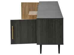 Suporte para TV com 3 portas - Porta de vidro - Acabamento em madeira cinza