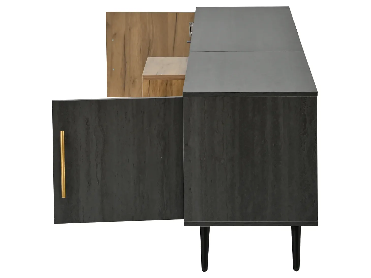 Suporte para TV com 3 portas - Porta de vidro - Acabamento em madeira cinza