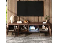 Suporte para TV com 4 portas e iluminação LED - Madeira MDF e vidro - Castanho