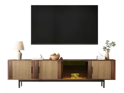 Suporte para TV com 4 portas e iluminação LED - Madeira MDF e vidro - Castanho