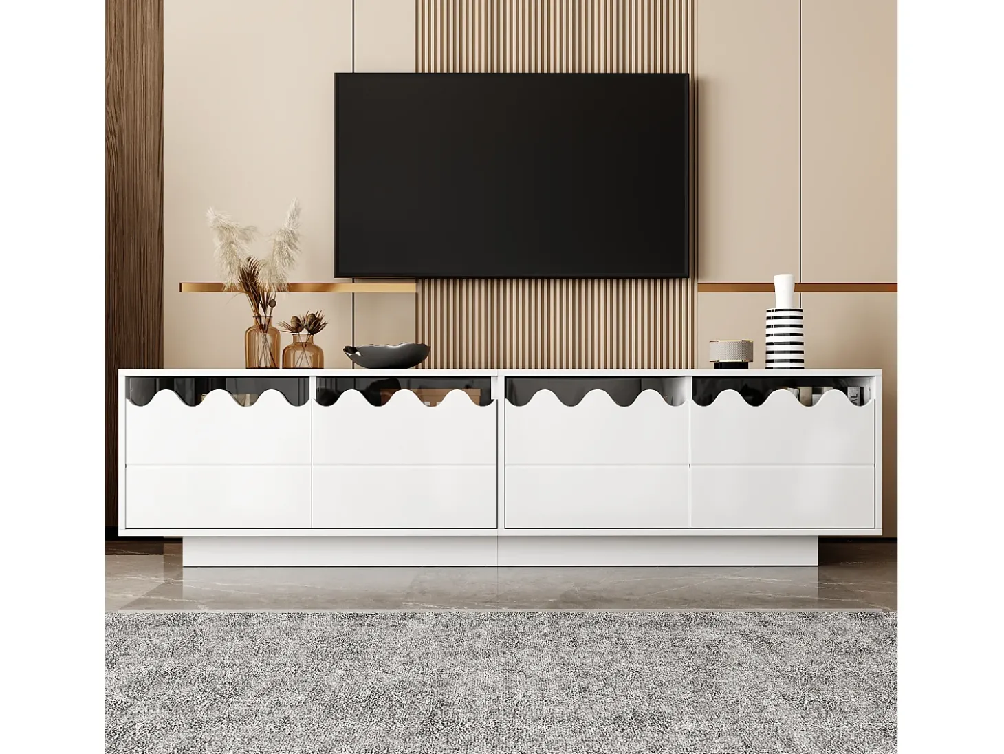 Suporte para TV com 4 portas e design ondulado - Branco 170x40x45 cm