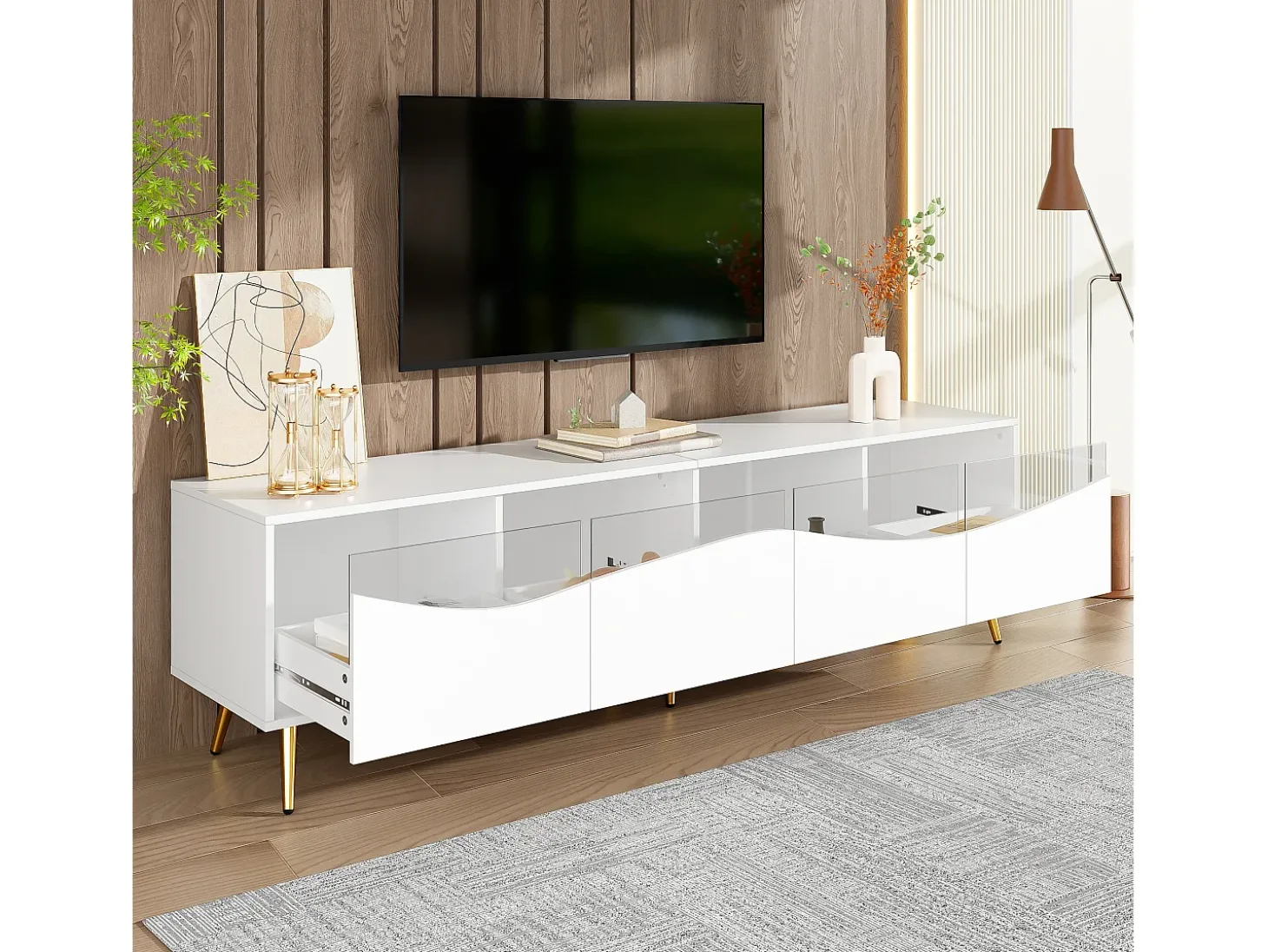 Suporte para TV com 4 portas em vidro, luzes LED, pés em metal, cor branca.