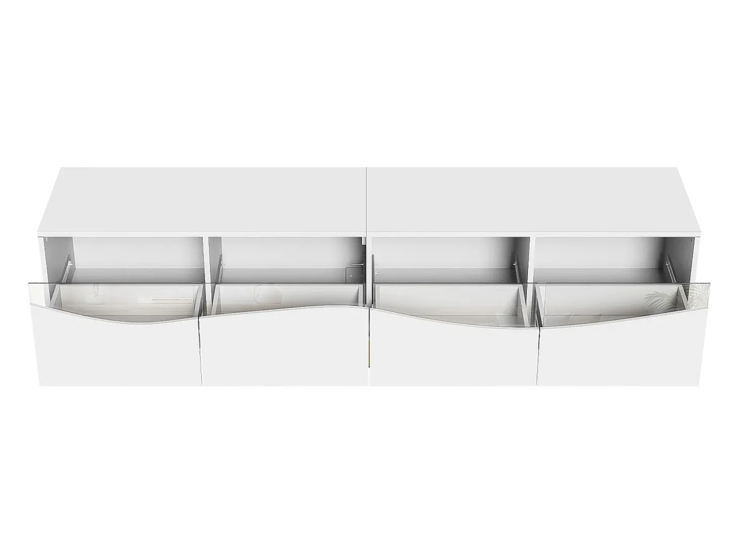 Suporte para TV com 4 portas em vidro, luzes LED, pés em metal, cor branca.