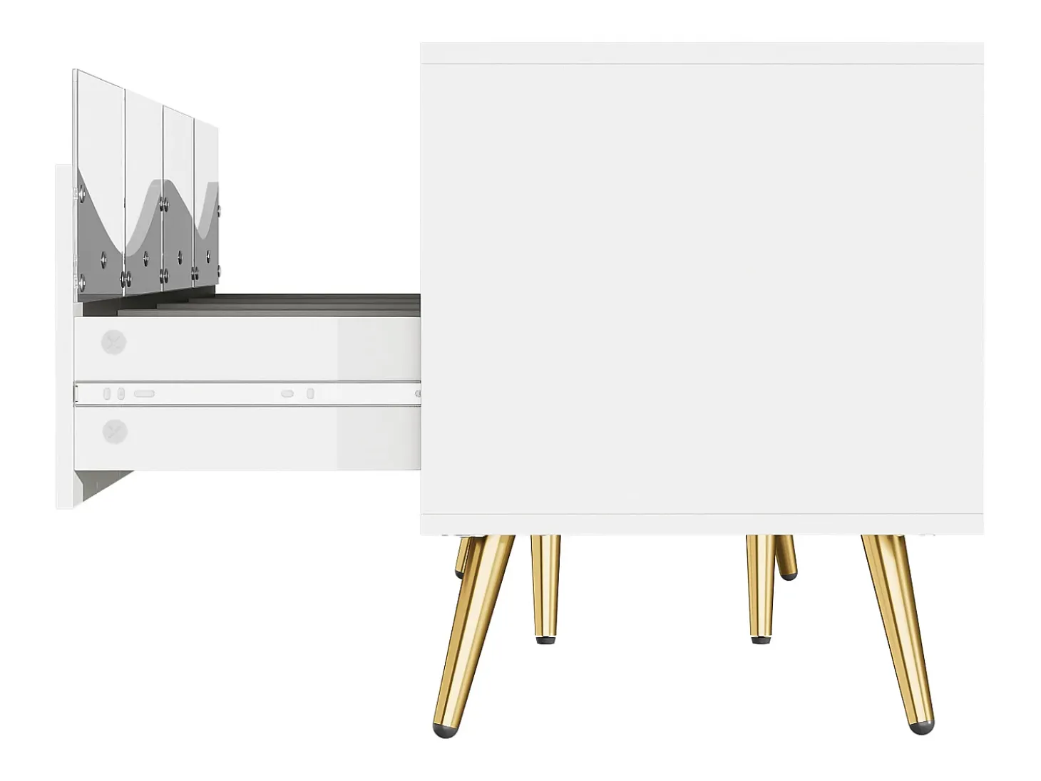 Suporte para TV com 4 portas em vidro, luzes LED, pés em metal, cor branca.