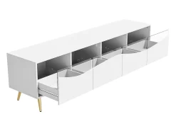 Suporte para TV com 4 portas em vidro, luzes LED, pés em metal, cor branca.