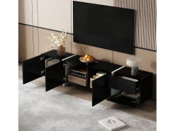 Suporte para TV com 4 portas e 1 gaveta, pés pretos, acabamento brilhante, preto