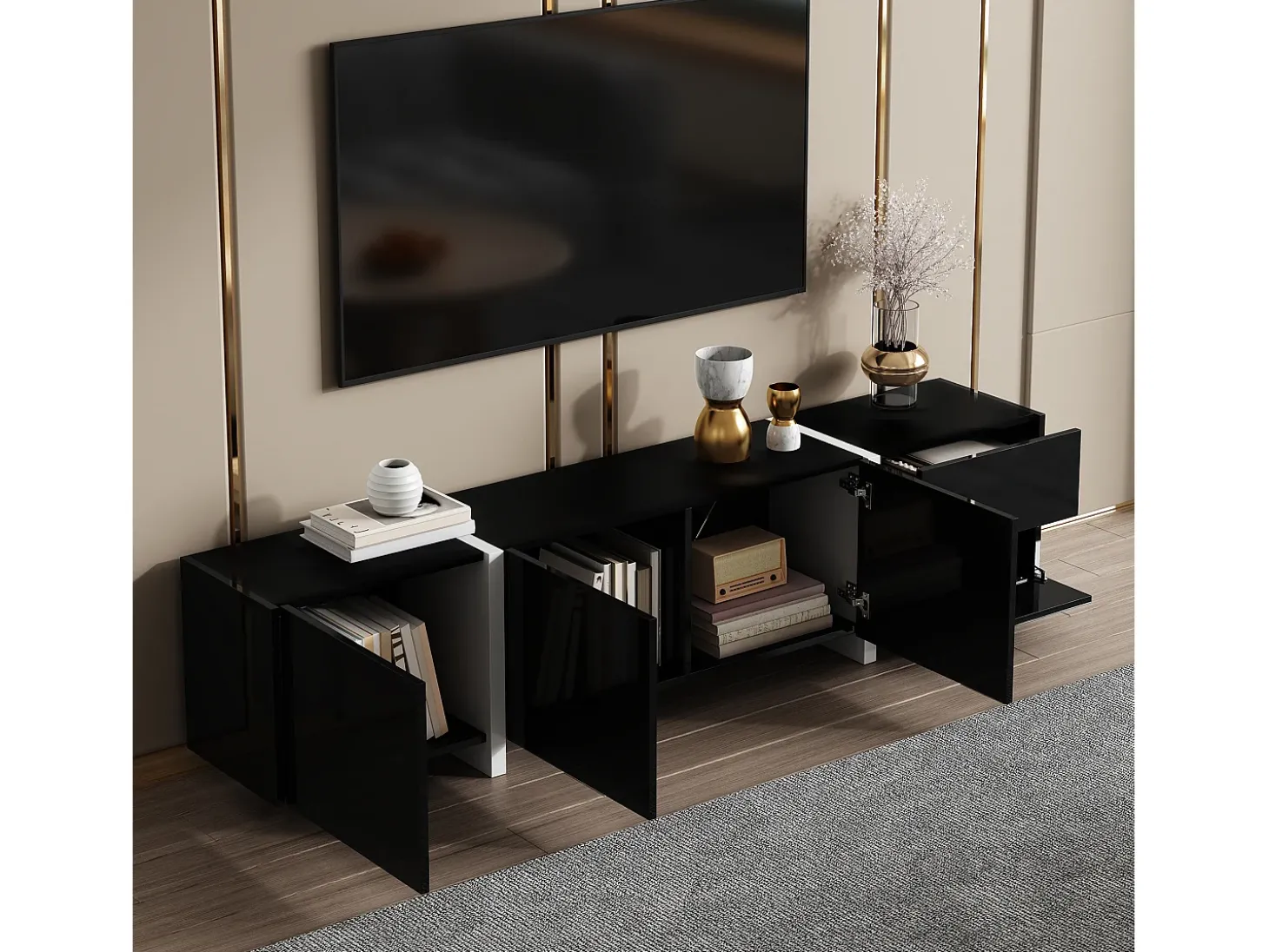 Suporte para TV com 4 portas e 1 gaveta, pés pretos, acabamento brilhante, preto