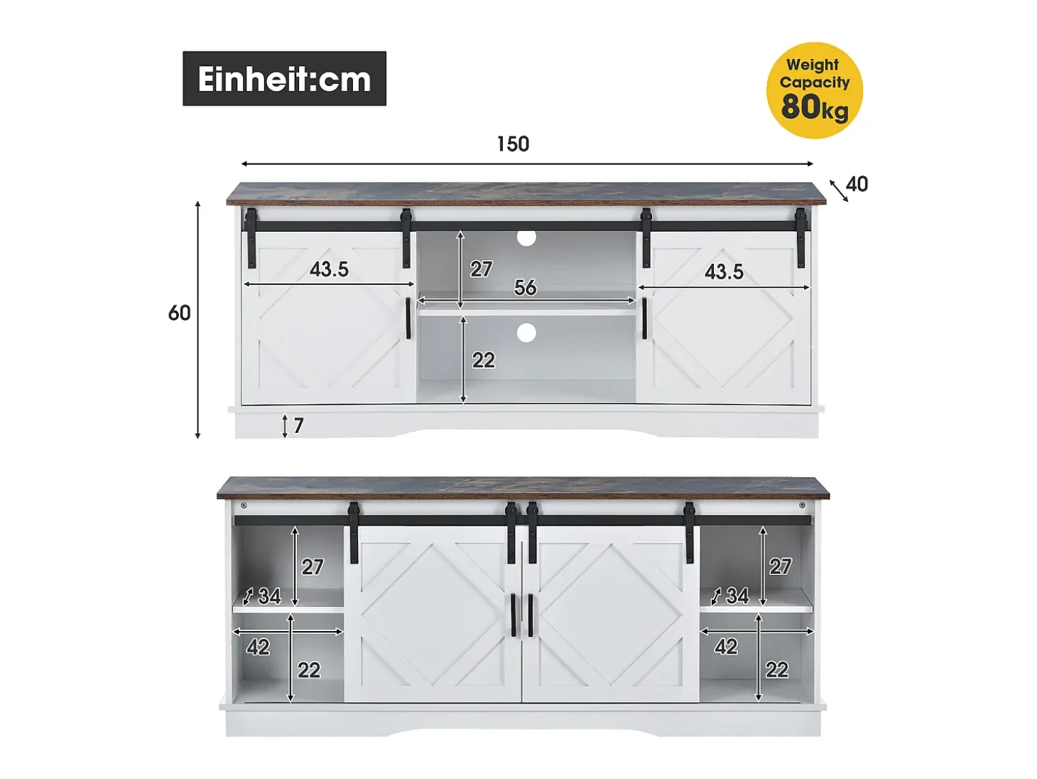 Suporte para TV com 2 portas de correr - Prateleiras ajustáveis 150 x 40 x 60 cm - Branco