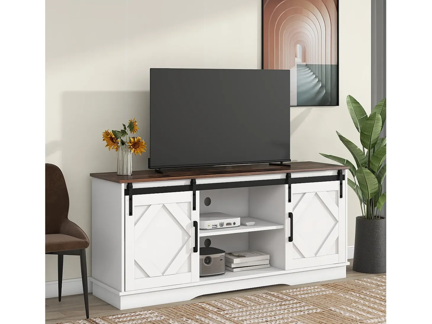 Suporte para TV com 2 portas de correr - Prateleiras ajustáveis 150 x 40 x 60 cm - Branco