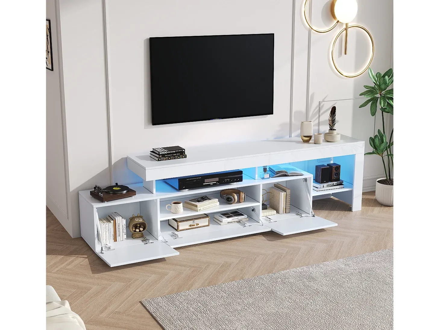 Suporte para TV com iluminação LED e 3 portas - acabamento brilhante - Branco 192 x 37 x 53 cm