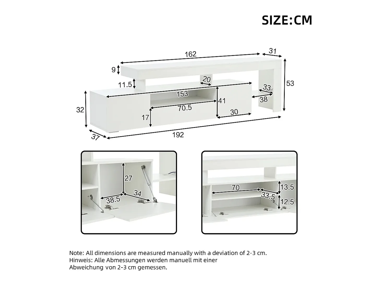 Suporte para TV com iluminação LED e 3 portas - acabamento brilhante - Branco 192 x 37 x 53 cm