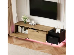 Suporte para TV com iluminação LED, 2 gavetas e uma porta - Pés em metal preto - Acabamento em madeira e preto